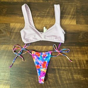 For Love and Lemons Bikini Set Top and bottom thong floral lavender size S swim